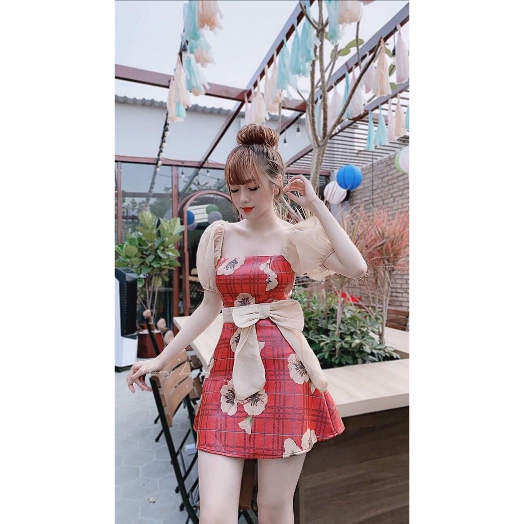 Đầm váy cổ vuông tay phồng phối họa tiết kết nơ sang trong, thời trang nữ dạo phố, dự tiệc | BigBuy360 - bigbuy360.vn