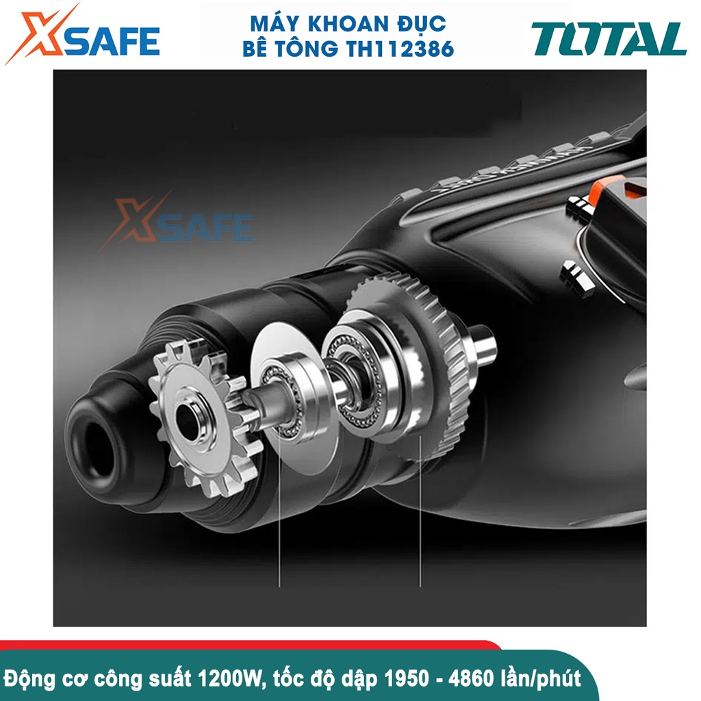 Máy khoan đục bê tông TOTAL TH112386 công suất 1200W tốc độ đập 1950-4860bpm, có chế độ chống rung - chính hãng