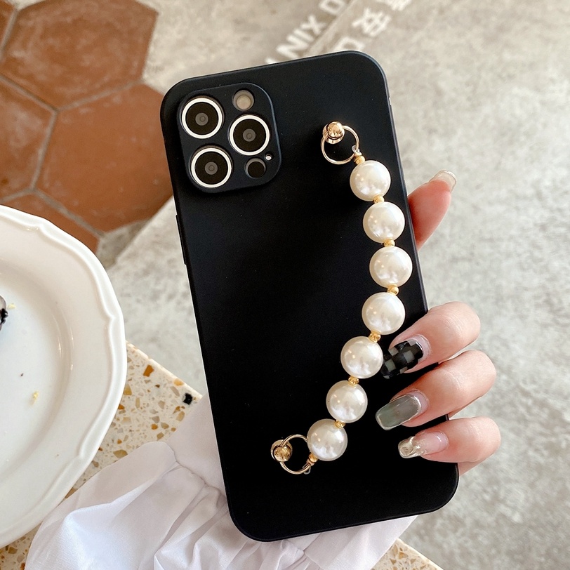 Ốp Điện Thoại Dẻo Đính Ngọc Trai Sang Trọng Kèm Dây Đeo Tay Cho iPhone 7 8 Plus 11 12 13 Pro MAX X XR XS MAX SE 2020 2022