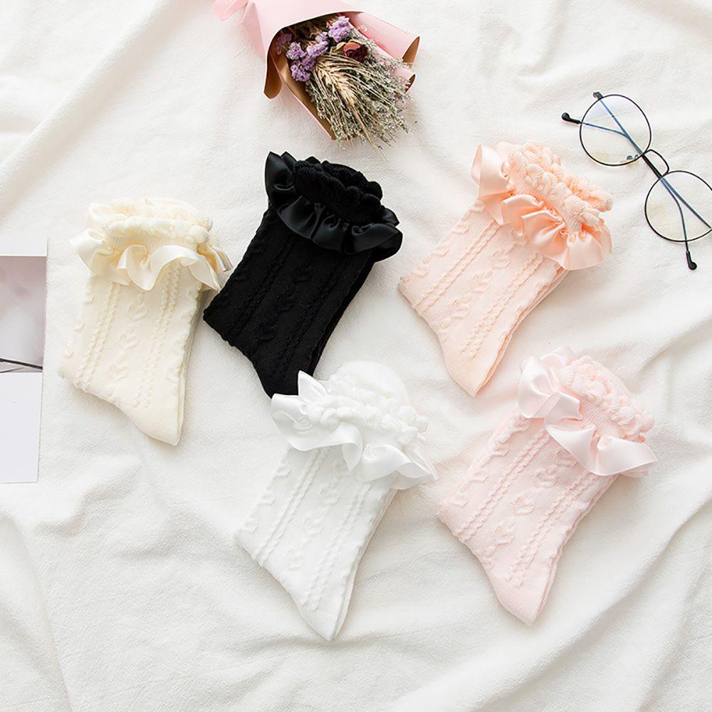 IVORY Vớ Cotton Cổ Trung Mềm Mại Màu Trơn Phối Bèo Dễ Thương Cho Nữ