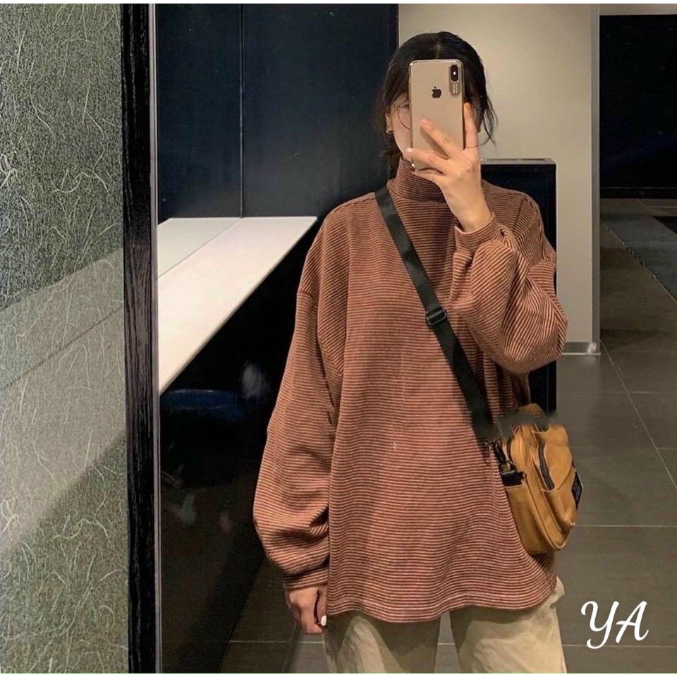 Áo len nữ cổ cao tay dài form rộng dáng dài kẻ ngang Hàn Quốc HNDAL03 | BigBuy360 - bigbuy360.vn