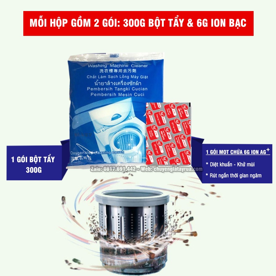 Bột Tẩy Lồng Máy Giặt Ion Bạc Kháng Khuẩn, Vệ Sinh Máy Giặt Cửa Ngang, Vệ Sinh Máy Giặt Cửa Trên 300g