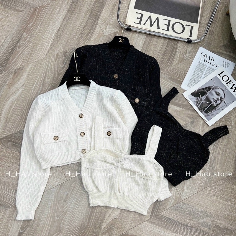 Set áo len 2 món Croptop và áo 2 dây đen/ trắng công sở hàn quốc chuẩn form