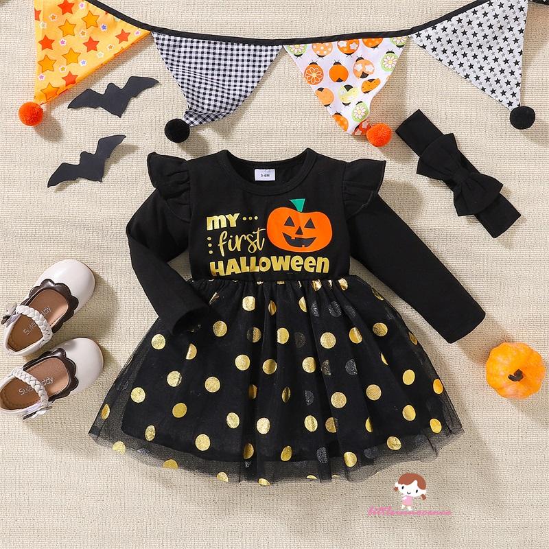 Đầm Tay Dài In Họa Tiết Mặt Bí Ngô Và Chấm Bi Đen Thời Trang Halloween Cho Bé Gái