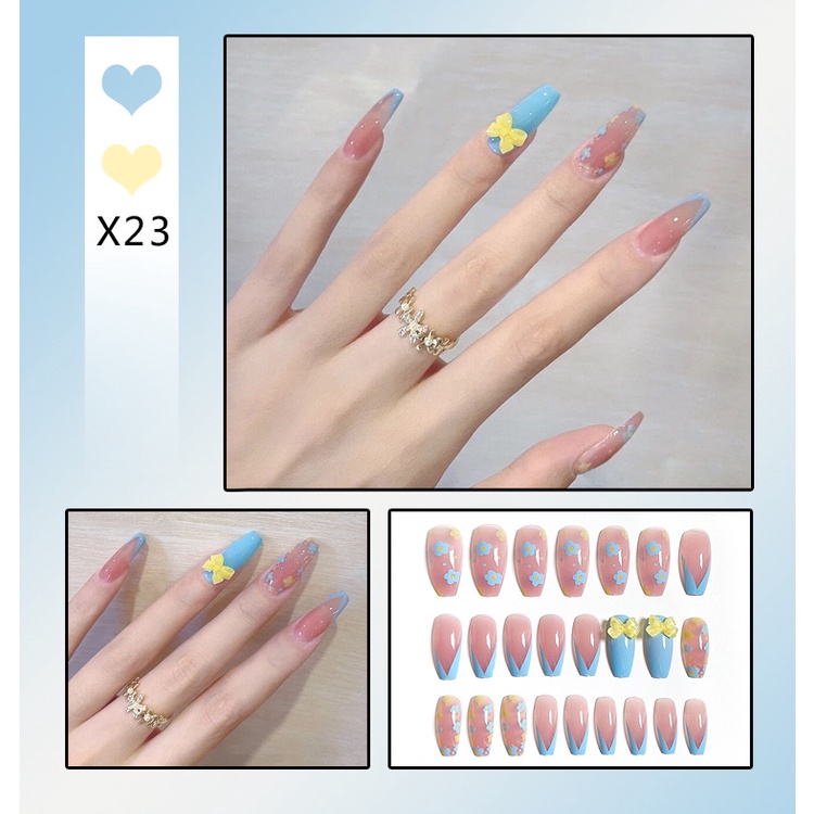 Set 24 móng tay giả đính nơ sơn xanh họa tiết hoa Jojo X23 móng giả nailbox kèm keo tự làm tại  nhà siêu kute