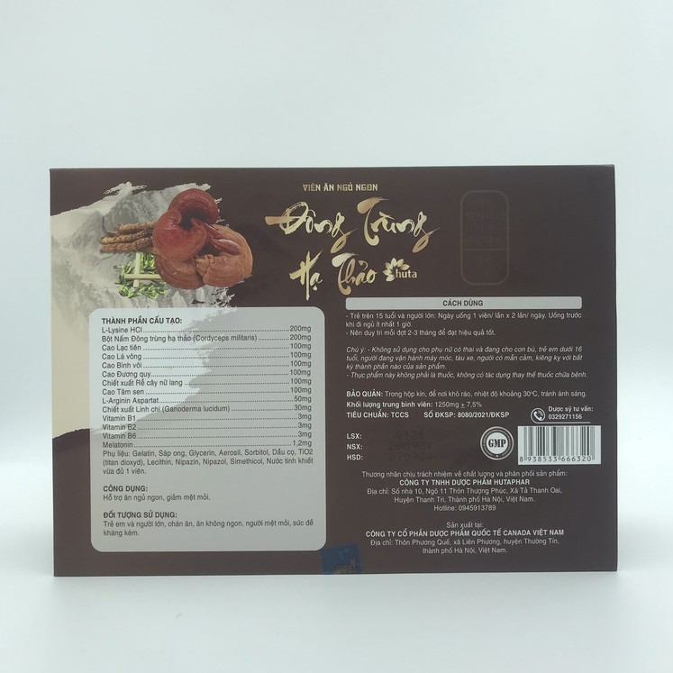 Viên ăn ngủ ngon Đông Trùng Hạ Thảo HUTA bồi bổ cơ thể hộp 2 lọ 60 viên