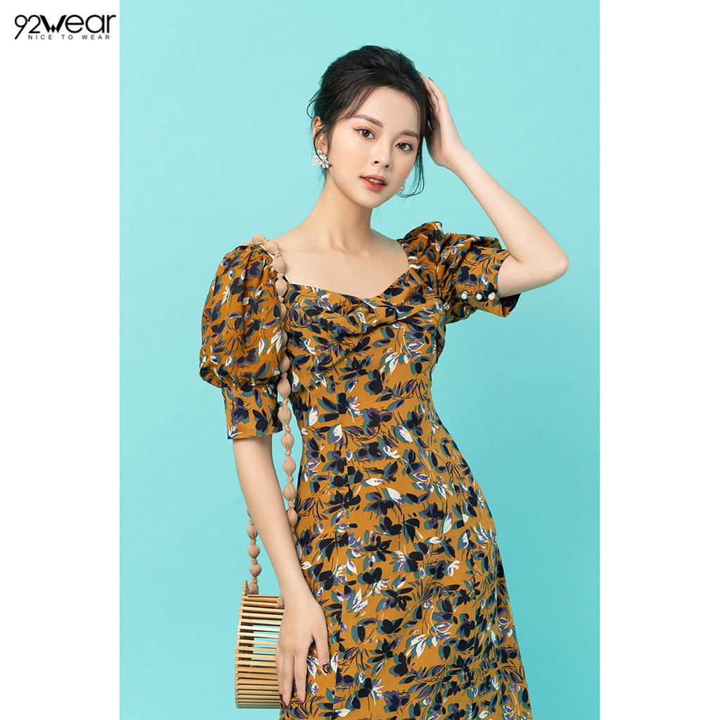 Đầm váy nữ dự tiệc 92WEAR 2 màu, dáng dài cổ vuông nơ ngực DDW1069 | BigBuy360 - bigbuy360.vn