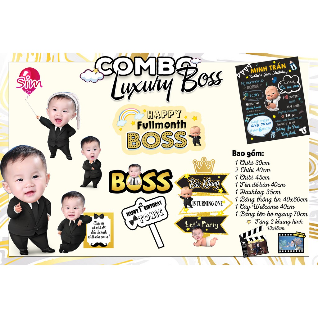 Combo hình chibi, bảng tên, cây welcome, cây số tuổi  trang trí sinh nhật bàn tiệc thiết kế  cho bé