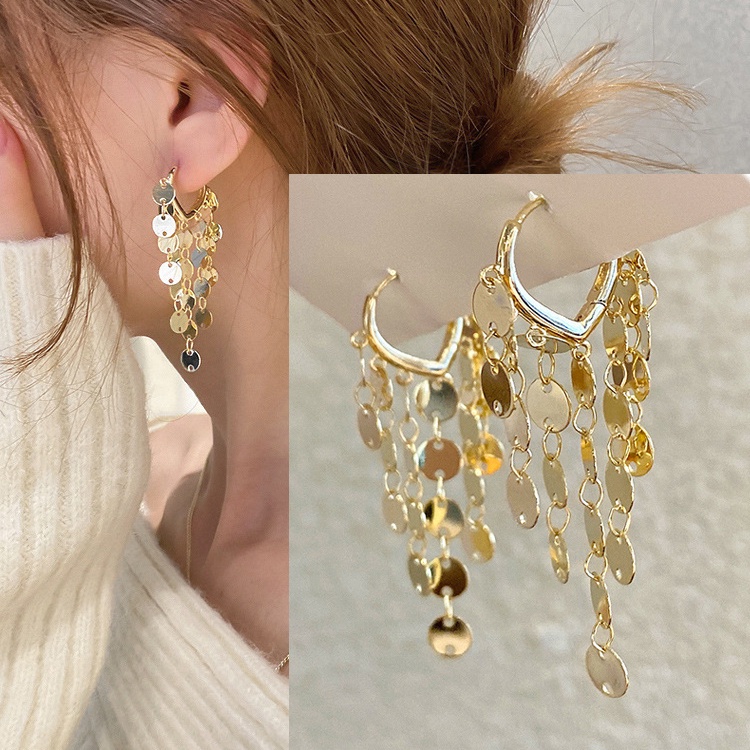 Khuyên Tai Kim Loại Dáng Dài Đính Kim Sa Tua Rua Phong Cách Thời Trang Hàn Quốc Mới 2022 Cho Nữ