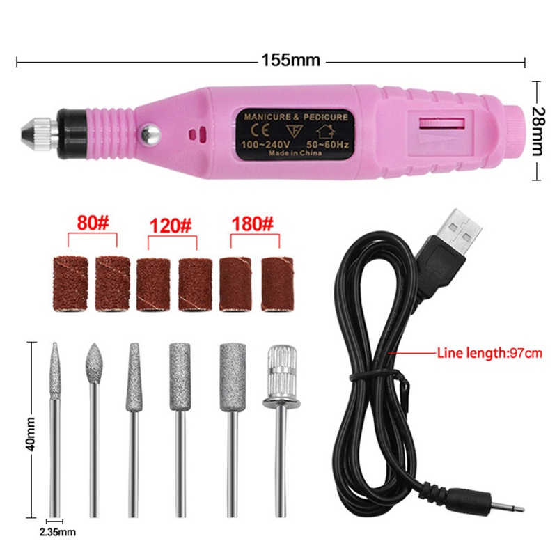 Bút Khoan Điện USB Kèm 6 Vòng Dây Cát Đánh Bóng Tẩy Tế Bào Chết Cho Móng Tay