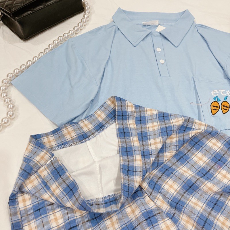Set Đồ Nữ Ulzzang Áo Phông Tay Lỡ Có cổ + Chân Váy Kẻ Sọc Dáng Chữ A (Có ảnh + video thật)