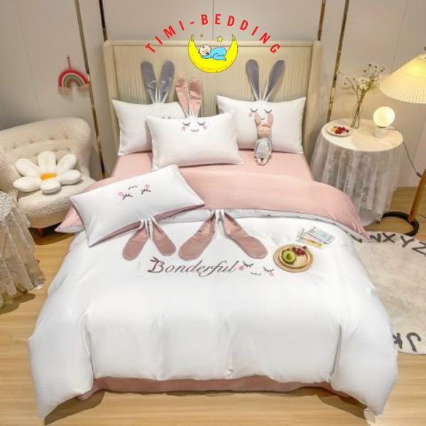 Bộ chăn ga gối lụa tai thỏ mát mẻ, cao cấp chất liệu phi lụa thoáng mát– Timibedding