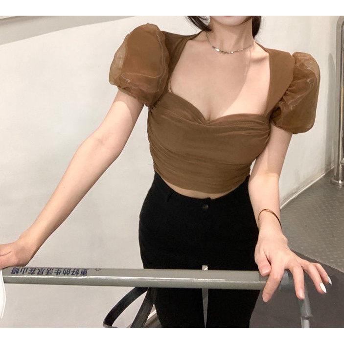 Áo Kiểu Tay Phồng Cổ Vuông Phối Lưới Phong Cách Pháp Ngọt Ngào Thời Trang Mùa Hè Cho Nữ