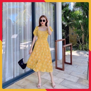 Đầm xoè hoa cúc cổ vuông tay phồng