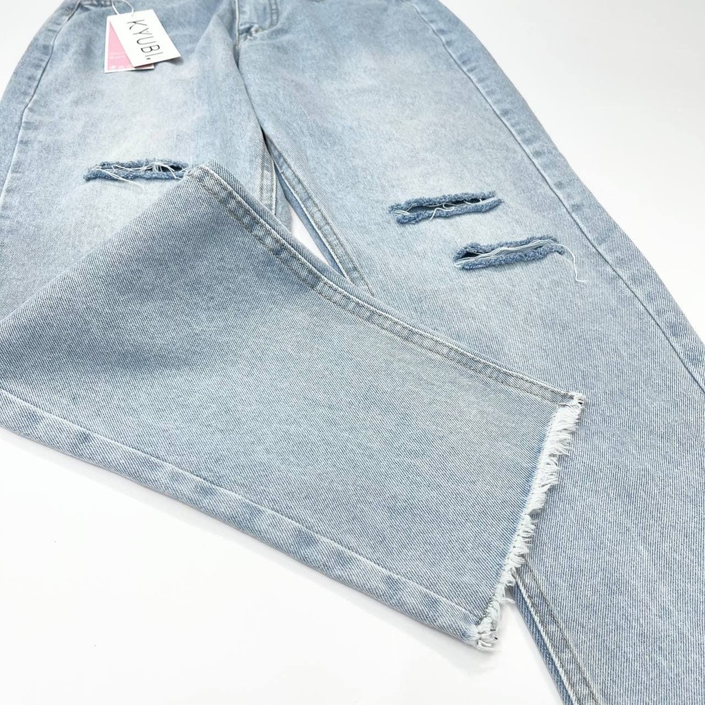Quần jean baggy nữ ulzzang Kyubi lưng cao cắt lai tua rách cá tính [Có Bigsize]- Baggy jean Kyubi JUN3