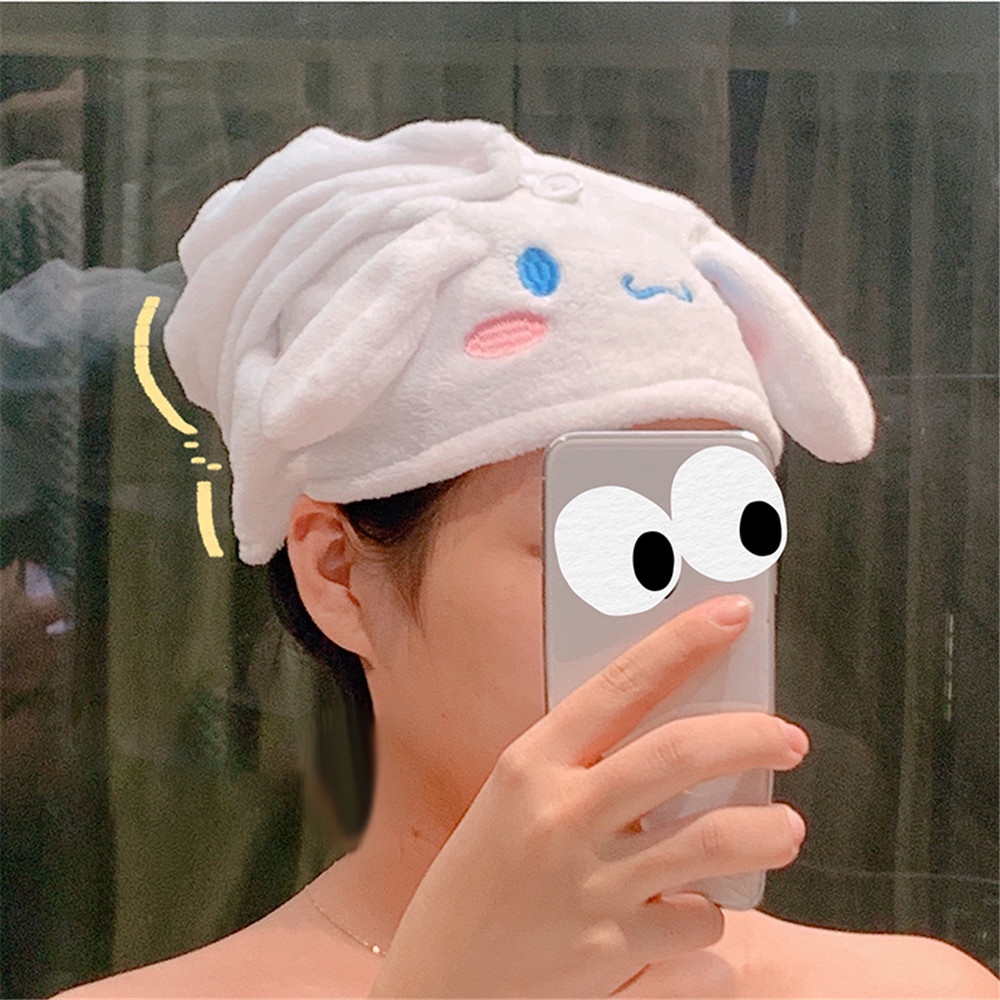 Khăn Tắm Trùm Đầu Vải Lông Cừu San Hô Nhanh Khô Đính Tai Thỏ Dễ Thương Cho Nữ