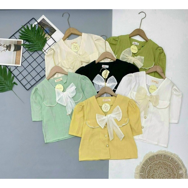 Áo sơ mi nữ cột nơ cộc tay