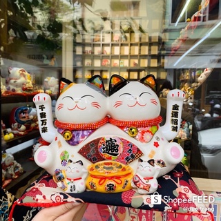 Mèo Thần tài Đôi vẫy tay 20cm "Bát Phương Nạp Tài - Chiêu Tài Tấn Bảo" (có video sản phẩm)