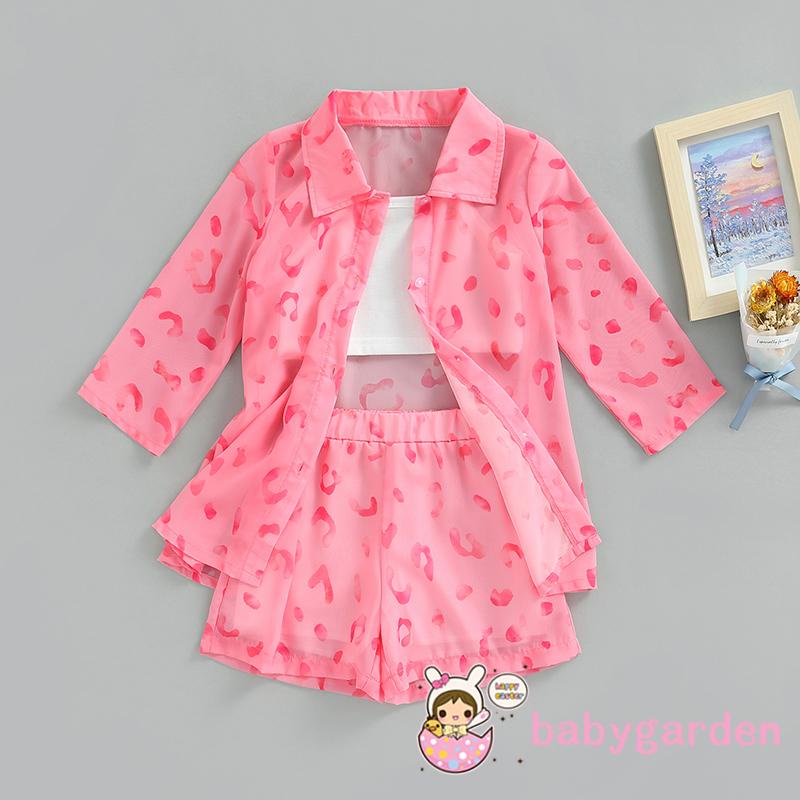 Set Đồ 3 Món Gồm Áo Khoác Tay Dài In Họa Tiết Da Báo + Áo Hai Dây Màu Trắng + Quần Short Lưng Thun Cho Bé Gái 3 Tuổi