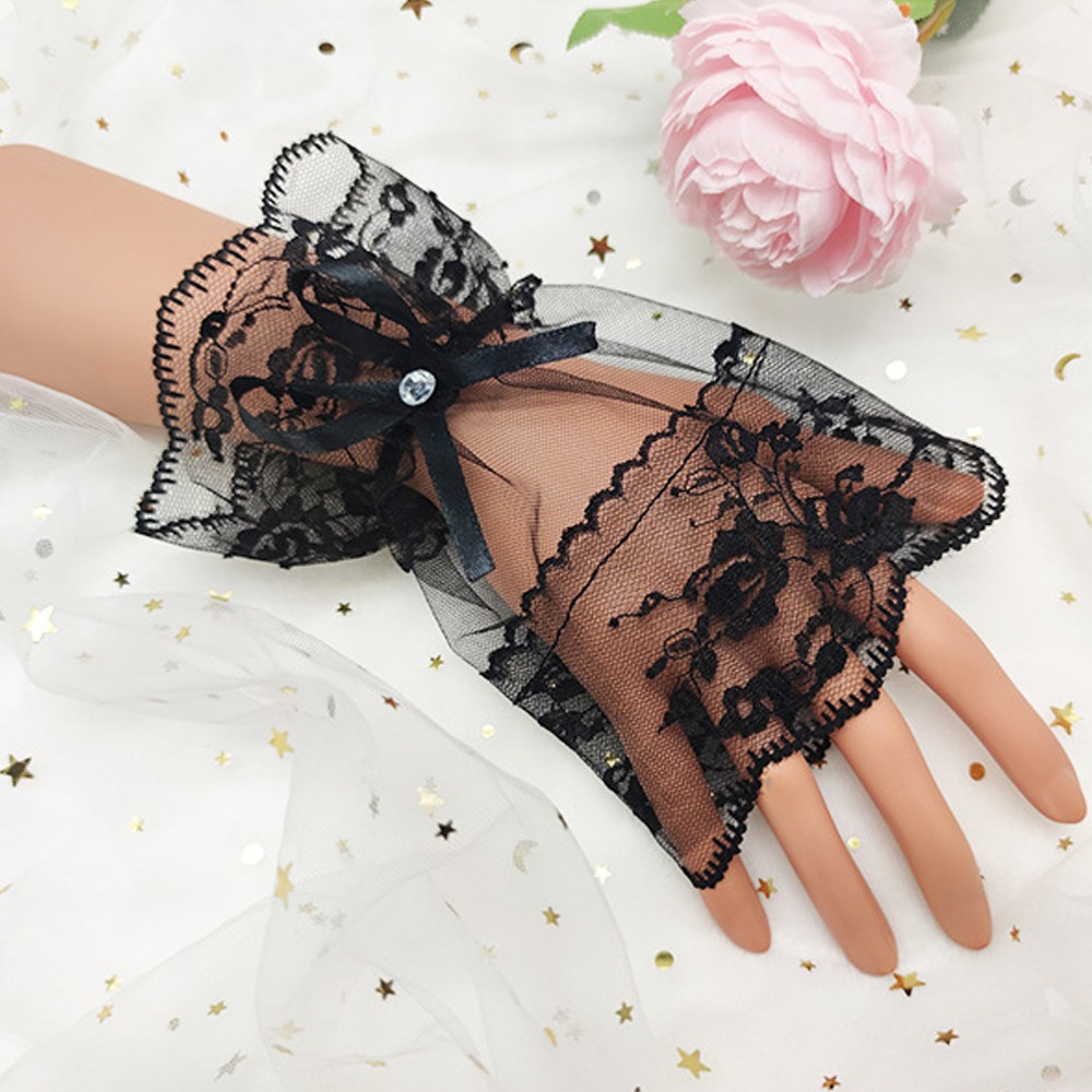 Găng tay hở ngón thắt nơ ren chống nắng phong cách gothic dành cho nữ