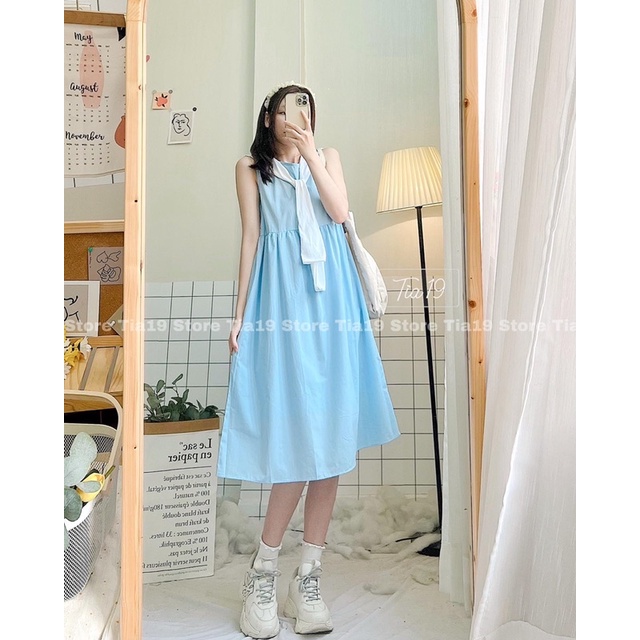 Váy ba lỗ suông kèm khăn ulzzang Tia19. Đầm xuông oversize hàn