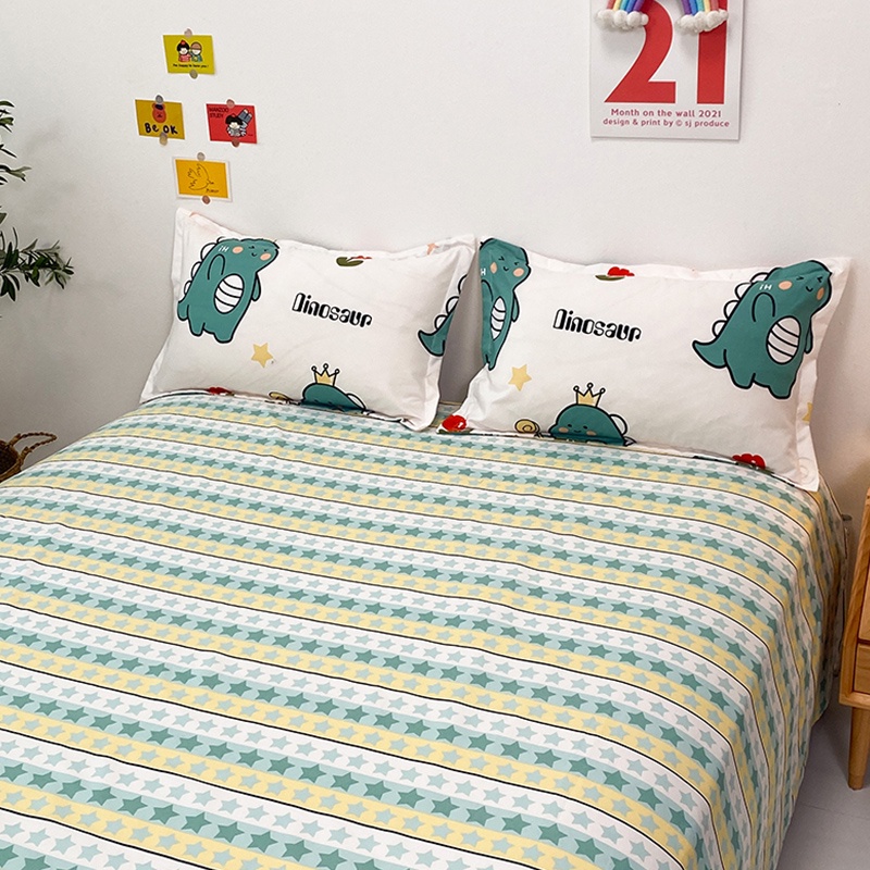 Bộ Vỏ Chăn Ga Giường Và 2 Vỏ Gối Đầu Mẫu Khủng Long Cute Cho Đệm, Drap 1m2, m4, m6, m8, 2m2 Chất liệu Cotton Poly Đẹp