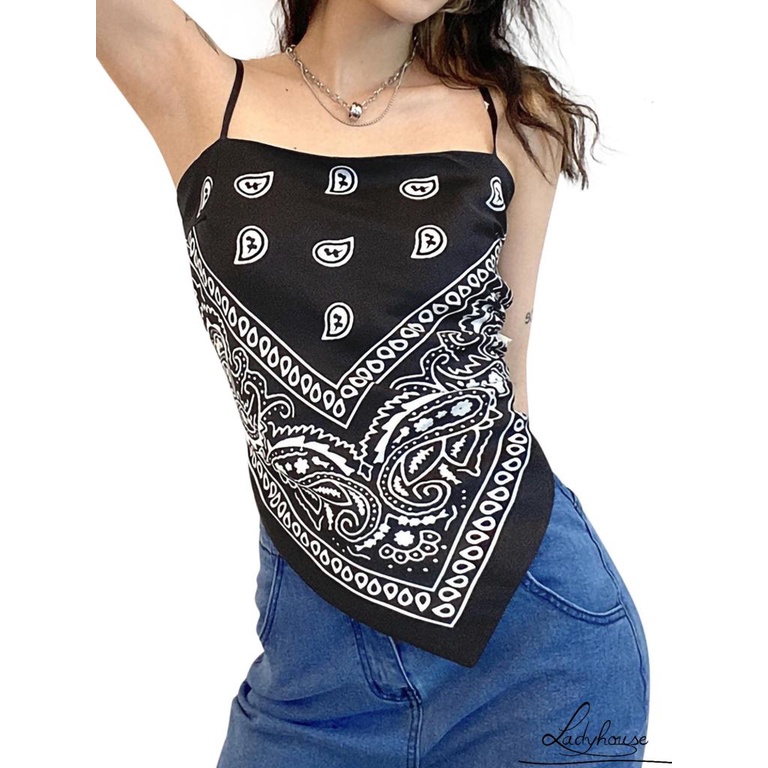 Áo Hai Dây Cổ Thuyền Hở Lưng In Họa Tiết Vintage Gợi Cảm Cho Nữ