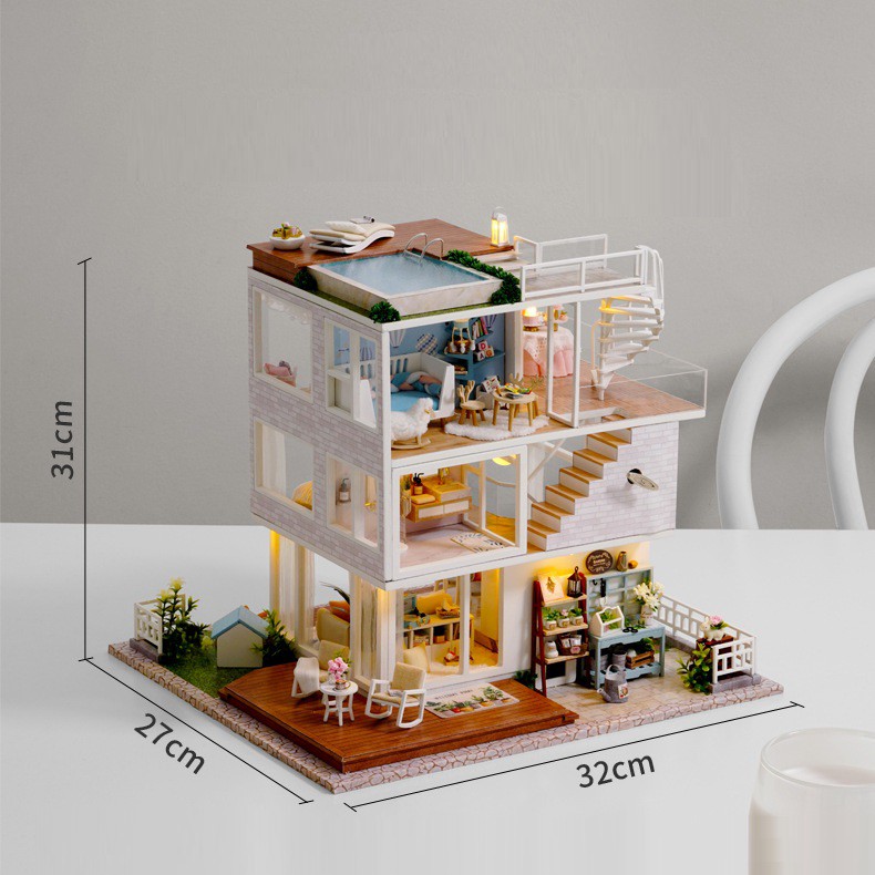 Mô hình nhà DIY Doll House Have a Nice Day Kèm Mica Chống bụi, Bộ dụng cụ, Keo dán và Bộ phát nhạc