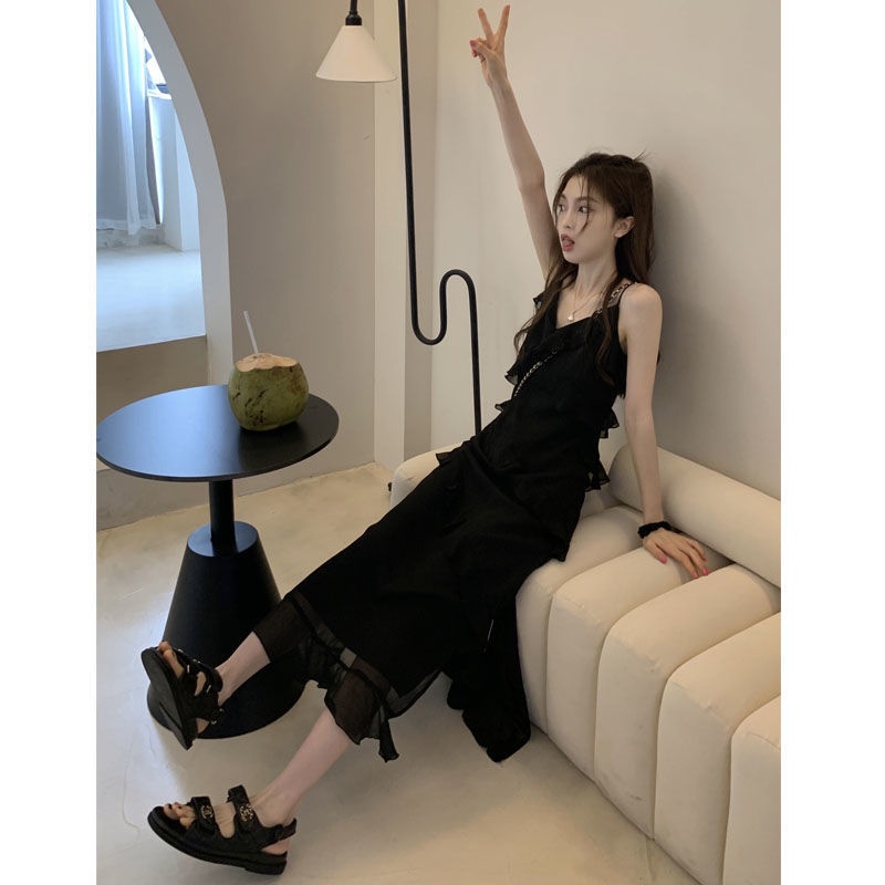 Đầm Lửng Hai Dây Mỏng Màu Đen Thời Trang Mùa Hè 2022 Dành Cho Bạn Nữ