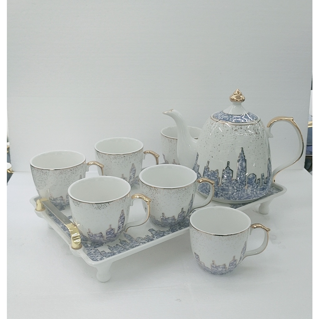 Bộ bình trà  kèm khay, ấm bầu trắng pha tím- màu trắng pha xanh dương viền vàng cao cấp