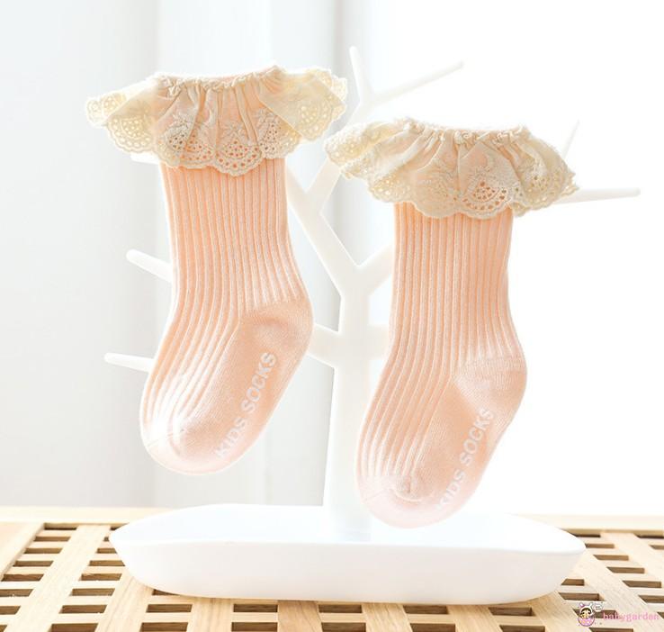 Tất dệt kim bằng vải gân màu trơn chống trượt phối ren gợn sóng ở viền cổ cho bé gái