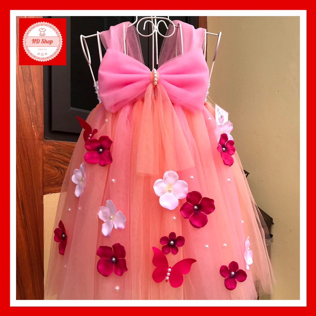 Đầm công chúa cho bé ❤️FREESHIP❤️ Đầm công chúa hồng cam nơ đính hoa tú cầu và bướm cho bé gái