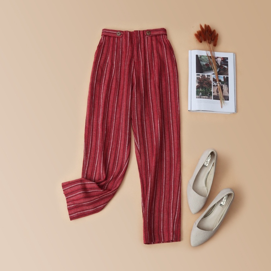 Quần côn Linen KACHISA sớ bố dệt sọc đỏ đô