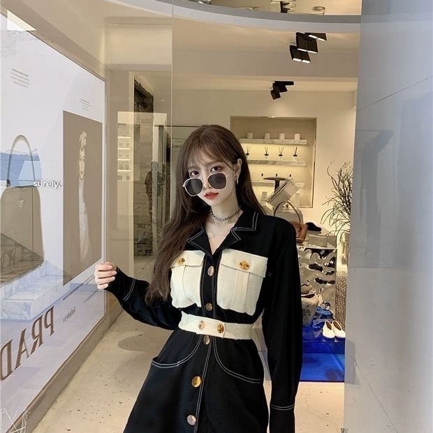 Đầm mỏng cổ vest màu đen phong cách retro Hàn Quốc thời trang thu đông cho nữ 2021