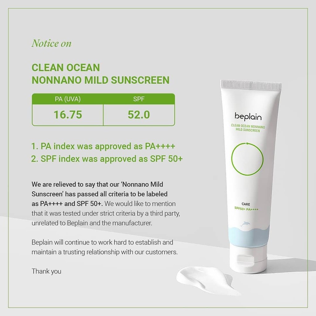 Kem chống nắng vật lý dịu nhẹ BEPLAIN Clean Ocean Nonnano Mild Sunscreen SPF50+ PA++++