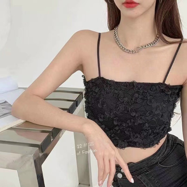 Áo bra ren 2 dây dáng croptop cao cấp,áo ngực kèm mút nâng,áo quây ngực 2 dây ren hoa hồng