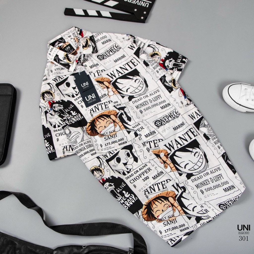 Áo Sơ Mi Lụa Tay Ngắn Hải Tặc Nam Nữ One Piece Luffy Unisex Chất Dày Dặn