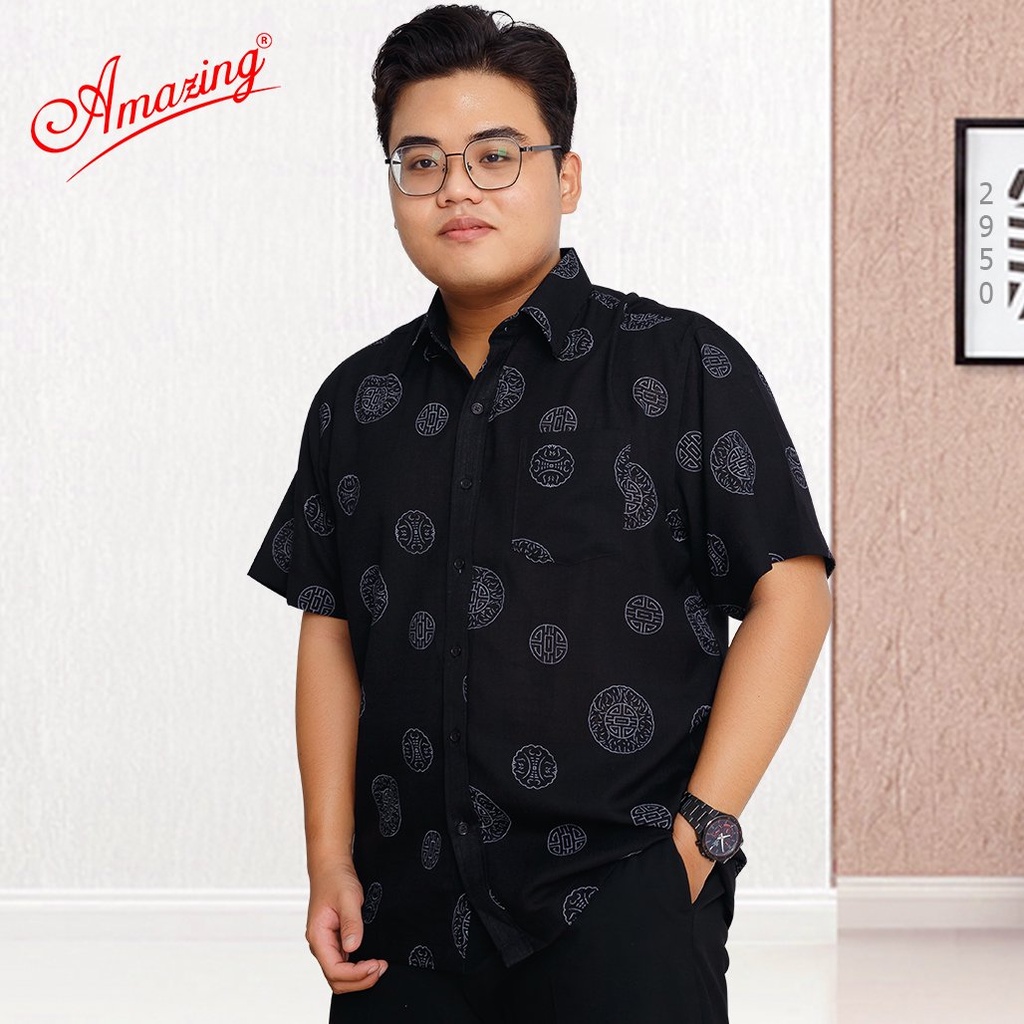 Áo sơ mi nam trung niên tay ngắn big size, hoạ tiết chữ thọ, màu sắc trang nhã, siêu phẩm mùa hè mát mẻ, hiệu Amazing