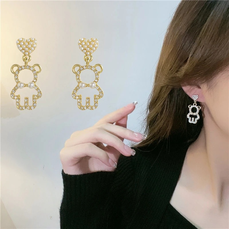 1 Đôi Bông Tai Hình Gấu Đính Đá Ngọc Trai Nhân Tạo Dễ Thương Dành Cho Nữ