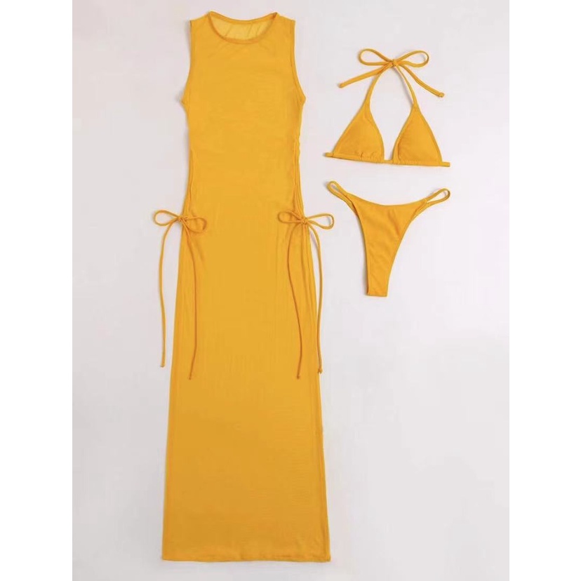 Set Bikini 3 Món Vỏ Lưới Màu Trơn Thời Trang Đi Biển Cho Nữ H457