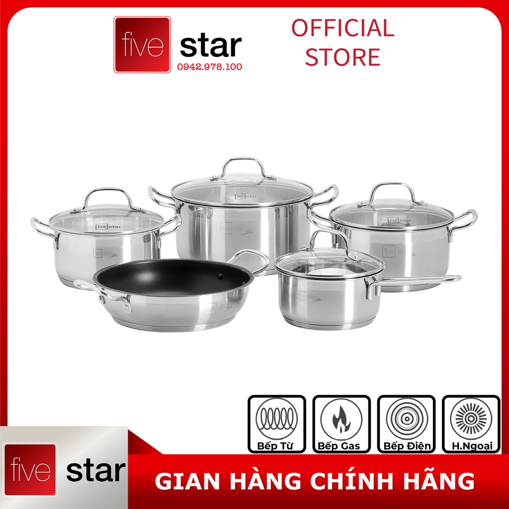 Bộ Nồi 5 Đáy Inox 304 Cao Cấp Bếp Từ Fivestar FPB55D001 Nắp Kính , tặng 10 muỗng ăn