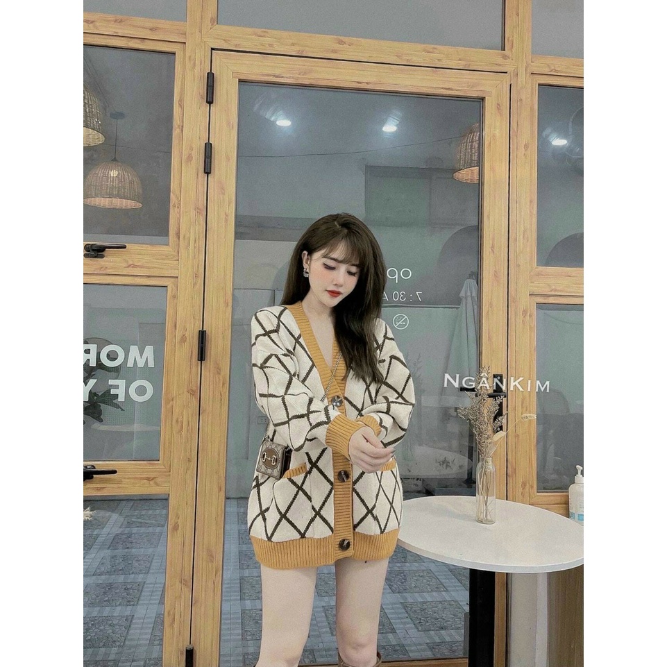 Áo Cadigan Họa Tiết Kẻ Cài Khuy Cho Nữ(có ảnh thật)