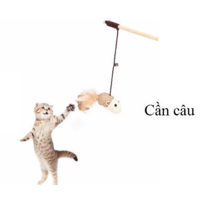 Cần câu Mèo dây thép gắn lông vũ , gắn con cá và gắn chuột - Đồ chơi cho mèo