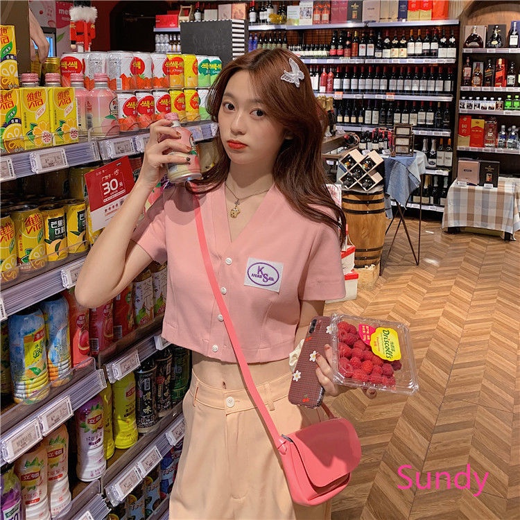 Áo Croptop Màu Trơn Cổ Chữ V Thời Trang Mùa Hè Ngọt Ngào Cho Nữ