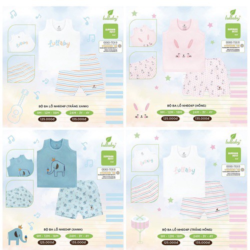 Lullaby- Bộ ba lỗ bé trai/gái petit size 7-13kg