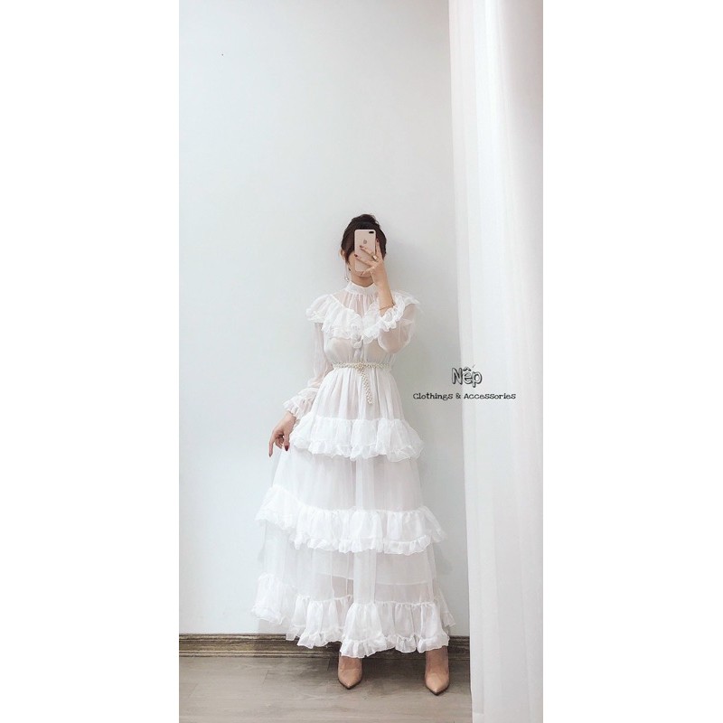 Váy maxi tơ bèo tầng kèm đai ngọc- qccc | BigBuy360 - bigbuy360.vn