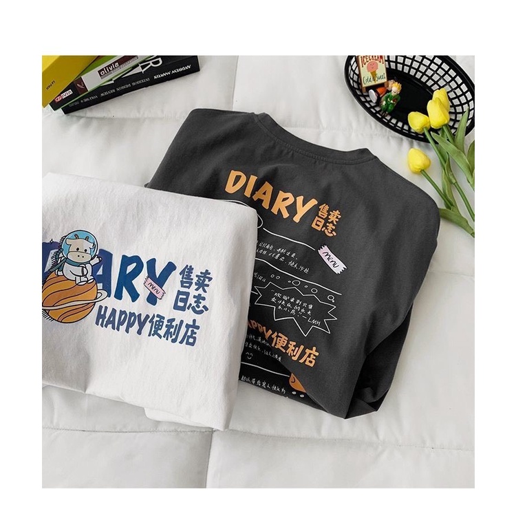 Áo Thun Chữ DIARY Áo Thun Tay Lỡ Form Rộng Unisex 38-65kg Nam Nữ Phong Cách Ulzzang