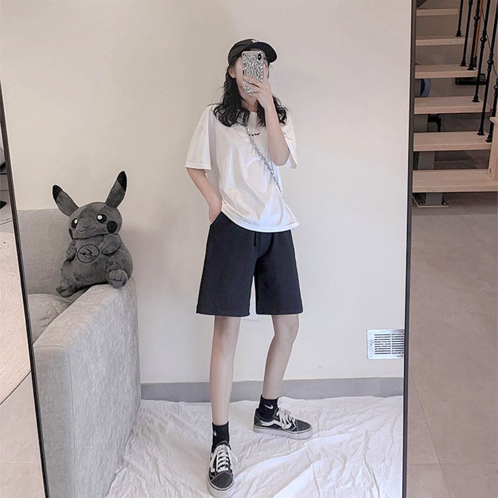 Quần Short Nam Nữ Màu Trơn Basic BIGOMALL - Quần Sooc Đùi Thun Đen Trắng Xám Hàn Quốc Ulzzang Cháy Phố Freesize 65kg