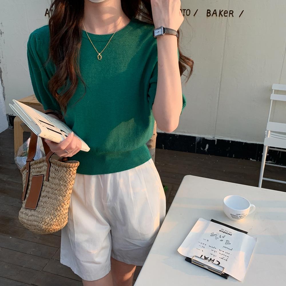 Áo Thun Dệt Kim Tay Ngắn Cổ Tròn Màu Trơn Phong Cách Mới 50195