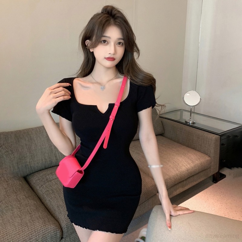 Đầm Tay Ngắn Cổ Vuông Màu Sắc Trơn Phong Cách Hàn Quốc Dành Cho Nữ